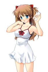Rule 34 | 00s, 1girl, :o, armpits, bare shoulders, blue eyes, blush, body blush, bottle, bow, breasts, brown hair, chemise, cleavage, clenched hand, collarbone, cowboy shot, evangelion: 2.0 you can (not) advance, female focus, hair ornament, hand to own mouth, hands up, holding, holding bottle, kurosawa kiyotaka, lace, large breasts, legs apart, lingerie, long hair, looking at viewer, messy, milk, milk bottle, neon genesis evangelion, open mouth, parted bangs, raised eyebrow, rebuild of evangelion, red bow, see-through, sexually suggestive, simple background, solo, souryuu asuka langley, standing, suggestive fluid, transparent, twintails, two side up, underwear, underwear only, wet, wet clothes, white background