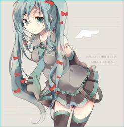 Rule 34 | 1girl, aqua eyes, aqua hair, arms behind back, detached sleeves, happy birthday, hatsune miku, long hair, looking at viewer, necktie, skirt, smile, solo, thighhighs, twintails, very long hair, vocaloid, zoooo19, zusan