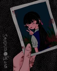 Rule 34 | 1girl, black background, black hair, blood, blood on hands, blood stain, blue vest, blush, closed eyes, commentary request, facing back, facing viewer, from behind, hair ornament, hairclip, hand up, highres, holding, holding photo, long hair, looking at viewer, looking back, namazu (nmz p), nijisanji, open mouth, out of frame, photo (object), puffy short sleeves, puffy sleeves, short sleeves, smile, translation request, tsukino mito, tsukino mito (3rd costume), v, vest, virtual youtuber