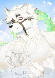 Rule 34 | 1boy, animal ears, ascot, bara, blue sky, claws, colored tips, commentary, english commentary, eyepatch, formal, furry, furry male, highres, jujurlyreckless, looking at viewer, male focus, multicolored hair, one eye covered, outstretched hand, red eyes, shirt, sky, suit, twitter username, upper body, von lycaon, wedding, wedding arch, white ascot, white shirt, white suit, wolf boy, wolf ears, zenless zone zero