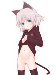 Rule 34 | 0123456789, 1girl, animal ears, aqua eyes, black thighhighs, blush, bottomless, cleft of venus, clothes lift, female focus, hood, hoodie, naked hoodie, navel, pussy, sanya v. litvyak, shirt lift, short hair, silver hair, simple background, solo, strike witches, tail, thigh gap, thighhighs, thighs, uncensored, white background, world witches series
