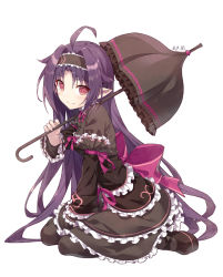 Rule 34 | 1girl, ahoge, alternate costume, between legs, black dress, black footwear, black hairband, black pantyhose, blush, bow, closed mouth, commentary request, dress, frilled dress, frilled hairband, frills, from side, gabiran, gothic lolita, hairband, hand between legs, hand up, holding, holding umbrella, juliet sleeves, large bow, layered dress, lolita fashion, long hair, long sleeves, looking at viewer, pantyhose, pink bow, pointy ears, puffy sleeves, purple hair, red eyes, seiza, shoes, simple background, sitting, smile, solo, sword art online, umbrella, very long hair, white background, yuuki (sao)
