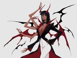 1girl black_choker black_hair black_jacket black_wings blunt_bangs choker commentary cowboy_shot extra_arms guaguapiu hana_hana_no_mi hand_on_own_hip highres horns jacket long_sleeves looking_to_the_side medium_hair nico_robin one_piece pants red_horns red_nails red_wings solo symbol-only_commentary white_pants wings