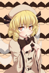Rule 34 | 1girl, blonde hair, bow, brown background, chestnut, chestnut mouth, dress, drill hair, fairy wings, female focus, fingers together, hair bow, hat, highres, index fingers together, long sleeves, looking at viewer, luna child, omaehadareda-uso, red eyes, short hair, solo, sweatdrop, tongue, touhou, upper body, white dress, wide sleeves, wings