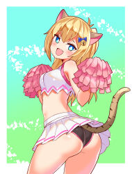Rule 34 | 1girl, animal ears, ass, bare shoulders, blonde hair, blue eyes, blush, breasts, cat ears, cat tail, cheerleader, cougar (cougar1404), fang, from behind, long hair, looking at viewer, medium breasts, miniskirt, open mouth, panties, pom pom (cheerleading), skirt, smile, solo, tail, underwear, wedgie
