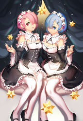 Rule 34 | 10s, 2girls, apron, arm at side, arm garter, bare shoulders, black dress, black footwear, black ribbon, blue eyes, blue hair, blunt bangs, bow, breasts, cleavage, closed mouth, detached sleeves, dress, eyebrows, fingernails, flower, frilled apron, frilled dress, frilled sleeves, frills, hair flower, hair ornament, hair over one eye, hand up, looking at viewer, lucidsky, maid, maid headdress, mary janes, multiple girls, pantyhose, parted lips, pink eyes, pink hair, puffy detached sleeves, puffy sleeves, ram (re:zero), re:zero kara hajimeru isekai seikatsu, rem (re:zero), ribbon, ribbon-trimmed collar, ribbon trim, shoes, short hair, siblings, sisters, sitting, small breasts, smile, twins, underbust, white bow, white legwear, x hair ornament
