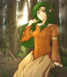 Rule 34 | 1girl, absurdres, bare shoulders, breasts, collarbone, dress, elincia ridell crimea, fallen tree, fire emblem, fire emblem: path of radiance, fire emblem: radiant dawn, forest, green hair, highres, in tree, long hair, looking at viewer, nature, nintendo, outdoors, sitting, sitting in tree, small breasts, smile, sunlight, tree, tridisart, yellow eyes