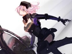 Rule 34 | 1girl, armor, armored leotard, black armor, fate/grand order, fate (series), feet out of frame, gorget, head-mounted display, highres, holding, holding shield, mash kyrielight, mash kyrielight (ortenaus), one eye covered, pink hair, purple eyes, shield, short hair, simple background, solo, ubwmitekure, white background