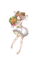 Rule 34 | 1girl, bare shoulders, beatrice (princess principal), bouquet, bow, brown eyes, brown hair, detached collar, double bun, dress, flat chest, flower, frilled dress, frills, full body, hair bun, hair flower, hair ornament, highres, holding, holding bouquet, looking at viewer, official art, princess principal, princess principal game of mission, see-through, short hair, smile, solo, standing, transparent background, waist bow, white dress, white footwear