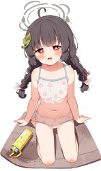 Rule 34 | 1girl, absurdres, ahoge, bare arms, bare legs, bare shoulders, barefoot, bikini, black hair, blue archive, blush, commentary request, crying, crying with eyes open, full body, furrowed brow, halo, highres, looking at viewer, miyu (blue archive), miyu (swimsuit) (blue archive), navel, official alternate costume, open mouth, red eyes, seiza, setmen, simple background, sitting, solo, spill, spilling, swimsuit, tears, thermos, white background, white bikini