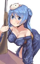 Rule 34 | 10s, 1girl, :p, blue eyes, blue hair, breasts, cleavage, fox mask, gun, hair bun, highres, i.f.s.f, japanese clothes, kantai collection, kimono, large breasts, long hair, mask, matching hair/eyes, off shoulder, rifle, simple background, single hair bun, solo, tongue, tongue out, twitter username, urakaze (kancolle), weapon, white background, yukata