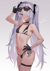 Rule 34 | 1girl, absurdres, bikini, black bikini, black gloves, black ribbon, blue archive, blush, closed mouth, eyewear on head, gloves, grey hair, hair over one eye, hair ribbon, halo, highres, iori (blue archive), kladd, long hair, looking at viewer, multi-strapped bikini bottom, red eyes, ribbon, simple background, smile, solo, standing, sunglasses, swimsuit, thigh strap, tongue, tongue out, twintails, very long hair