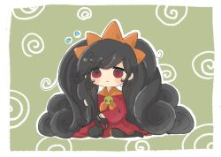 1girl @_@ ashley_(warioware) black_hair black_pantyhose blush_stickers closed_mouth commentary_request dress flying_sweatdrops full_body green_background kneeling kyoro_ai00 kyoroai00 long_hair long_sleeves loose_hair_strand messy_hair nintendo pantyhose red_dress red_eyes skull_ornament solo very_long_hair warioware