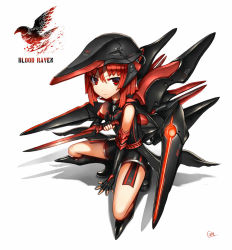 Rule 34 | 1girl, bare shoulders, black footwear, black gloves, boots, closed mouth, dagger, elbow gloves, fingerless gloves, gia, gloves, glowing, headgear, holding, holding dagger, holding knife, holding weapon, knife, logo, looking at viewer, machinery, original, red eyes, red hair, signature, simple background, solo, squatting, weapon, white background