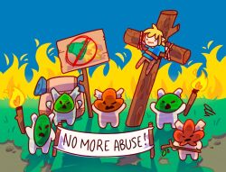 Rule 34 | 5others, angry, anytiny, backpack, bag, banner, blue sky, character doll, chibi, commentary, crucifixion, english commentary, english text, fire, full body, gameplay mechanics, grass, holding, holding torch, korok, link, multiple others, nintendo, outdoors, protest, sign, sky, the legend of zelda, the legend of zelda: tears of the kingdom, torch