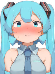 Rule 34 | 1girl, abmayo, aqua hair, bare shoulders, blush, grey shirt, hair ornament, hatsune miku, highres, long hair, looking at viewer, necktie, shiny skin, shirt, simple background, smile, solo, twintails, upper body, very long hair, vocaloid, white background