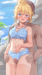 Rule 34 | 1boy, 1girl, absurdres, bad id, bad pixiv id, bare shoulders, beach, between legs, bikini, blonde hair, blue bikini, blue eyes, blush, breasts, cleavage, clothed female nude male, collarbone, cowboy shot, cum, cum on legs, earrings, ejaculation, frilled bikini, frills, hair bun, half-closed eyes, hand in bikini, highres, hololive, hololive english, jewelry, looking at viewer, medium breasts, medium hair, mole, mole on breast, navel, necklace, nude, open mouth, orgasm, outdoors, shironekokfp, sketch, sky, swimsuit, tan, tanline, thigh sex, virtual youtuber, watson amelia