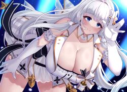 Rule 34 | 1girl, arm strap, azur lane, bare shoulders, blue eyes, blush, breasts, cleavage, closed mouth, detached collar, dress, elbow gloves, gloves, hair ornament, hand up, huge breasts, illustrious (azur lane), illustrious (muse) (azur lane), leaning forward, long hair, mole, mole under eye, official alternate costume, smile, solo, thighs, wee (weeyy), white dress, white gloves, white hair