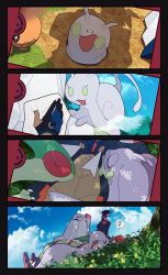 Rule 34 | 1boy, cloud, commentary request, creatures (company), day, duraludon, dynamax band, flygon, game freak, gen 3 pokemon, gen 6 pokemon, gen 8 pokemon, gloves, goodra, goomy, highres, holding, lying, musical note, nintendo, on back, outdoors, partially fingerless gloves, pokemon, pokemon (creature), pokemon swsh, raihan (pokemon), shigetake (buroira), shoes, sky, sliggoo, spoken musical note, trapinch