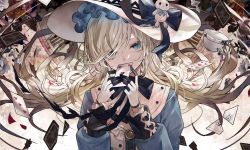 Rule 34 | 1girl, arcaea, black bow, black bowtie, blonde hair, blue bow, blue eyes, bow, bowtie, card, character request, chess piece, commentary request, cup, gloves, hair over one eye, hands up, hat, hat bow, hat ornament, heart, highres, holding, holding card, king (chess), knight (chess), long hair, long sleeves, pawn (chess), solo, sun hat, teacup, tsubaki (yi), upper body, white gloves, white hat, wilted flower