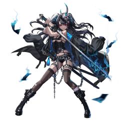 Rule 34 | 1girl, 2v (joyeong), absurdres, black bra, black coat, black footwear, black hair, black shorts, boots, bra, breasts, brown thighhighs, chain, character request, coat, coat on shoulders, corset, destiny child, full body, highres, holding, holding sword, holding weapon, knee boots, long hair, looking at viewer, mask, mask on head, medium breasts, red eyes, short shorts, shorts, simple background, solo, standing, sword, thighhighs, to keika (destiny child), torn clothes, torn thighhighs, underwear, weapon, white background