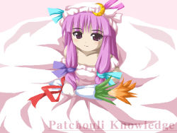 Rule 34 | 1girl, blunt bangs, bouquet, bow, breasts, cleavage, collarbone, crescent, crescent hair ornament, dress, female focus, flower, fukaiton, hair bow, hair ornament, hat, holding, long hair, looking at viewer, mob cap, patchouli knowledge, purple eyes, purple hair, sidelocks, small breasts, solo, split mouth, touhou, very long hair, wedding dress, white dress