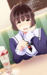 Rule 34 | 1girl, :d, blush, breast rest, breasts, breasts on table, brown eyes, brown hair, cherry, commentary request, cup, dutch angle, food, fruit, glass, hair ornament, hairclip, head rest, hellpart, highres, holding, holding food, holding fruit, ice cream, kantai collection, light blush, looking at viewer, myoukou (kancolle), open mouth, short eyebrows, short hair, smile, solo, spoon, sundae, table