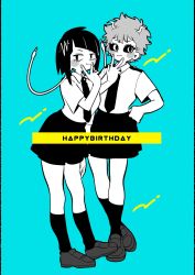 Rule 34 | 2girls, anna (aannnaa3), aqua background, ashido mina, audio jack, blunt bangs, blush, boku no hero academia, breasts, closed mouth, collared shirt, colored sclera, commentary request, full body, greyscale with colored background, hand on own hip, happy birthday, highres, horns, jirou kyouka, kneehighs, looking at viewer, medium breasts, monochrome, multiple girls, necktie, pleated skirt, school uniform, shirt, shoes, short hair, short sleeves, simple background, skirt, smile, socks, standing, u.a. school uniform, v over mouth