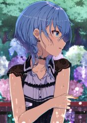Rule 34 | 1girl, black choker, black dress, blue eyes, blue hair, bow, bow earrings, choker, collarbone, commentary request, dress, earrings, highres, hololive, hoshimachi suisei, hoshimachi suisei (streetwear), jewelry, lace, lace choker, lace sleeves, looking to the side, namikawa kuroha, official alternate costume, official alternate hairstyle, open mouth, short hair, short sleeves, solo, upper body, virtual youtuber, wet, yellow nails