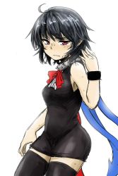 Rule 34 | 1girl, ahoge, armband, black dress, black hair, black thighhighs, blush, bow, bowtie, breasts, closed mouth, commentary request, cowboy shot, dress, efukei, hand up, hot, houjuu nue, looking at viewer, one-hour drawing challenge, red bow, red bowtie, red eyes, short hair, simple background, sleeveless, sleeveless dress, small breasts, solo, sweat, thighhighs, touhou, wavy mouth, white background, zettai ryouiki