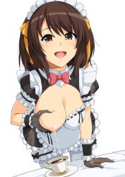 Rule 34 | 1girl, :d, bent over, black gloves, blush, bow, bowtie, breasts, breasts out, breasts squeezed together, brown eyes, brown hair, cleavage, coffee, cup, gloves, hair ribbon, haruhisky, highres, lactating into container, lactation, leaning forward, looking at viewer, maid, maid headdress, medium breasts, medium hair, nipples, open mouth, ribbon, saucer, smile, solo, standing, suzumiya haruhi, suzumiya haruhi no yuuutsu, teacup, teeth, thighhighs, white thighhighs