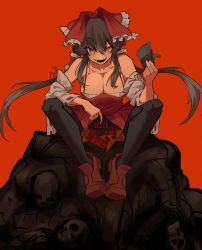 Rule 34 | 1girl, absurdres, banknote, black hair, black thighhighs, book, bow, breasts, cleavage, commentary request, cookie (touhou), corpse, detached sleeves, dress, frilled bow, frilled hair tubes, frills, full body, hair between eyes, hair bow, hair tubes, hakurei reimu, highres, holding, holding book, holding money, large breasts, long hair, looking at viewer, money, odoro (nicoseiga81184094), open mouth, pile of corpses, red background, red bow, red dress, red footwear, ribbon-trimmed sleeves, ribbon trim, ringed eyes, sidelocks, sitting, skeb (site), skull, sleeveless, sleeveless dress, smile, solo, thighhighs, touhou, uneven eyes, very long hair, white sleeves, yellow eyes, yuyusu (cookie)