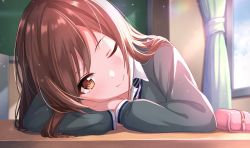 Rule 34 | 1girl, alisia0812, blush, brown eyes, brown hair, classroom, closed mouth, commentary request, curtains, desk, head rest, highres, idolmaster, idolmaster shiny colors, indoors, long hair, looking at viewer, osaki amana, pencil case, school desk, smile, solo, swept bangs, upper body, zipper, zipper pull tab