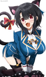 1girl all_fours animal_costume animal_ears animal_hands ascot black_hair black_thighhighs blue_hat blue_jacket blush breasts cat_costume cat_ears cat_paws cat_tail chamumi_(mochiumee) extra_ears fake_animal_ears garter_straps hair_between_eyes halloween halloween_costume hat highres jacket kantai_collection large_breasts long_hair looking_at_viewer military_uniform mini_hat open_mouth red_eyes short_hair skirt solo tail takao_(kancolle) thighhighs twitter_username white_ascot white_background