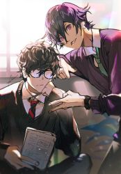 Rule 34 | 2boys, amamiya ren, black hair, black sweater, btmr game, closed mouth, commentary request, ear piercing, glasses, green necktie, hair between eyes, long sleeves, male focus, multiple boys, necktie, opaque glasses, pants, parted lips, persona, persona 1, persona 5, piercing, pin, pink eyes, purple sweater, signature, sparkle, sweater, toudou naoya, watch