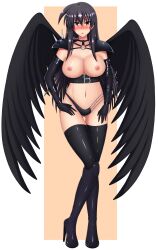 Rule 34 | 1girl, absurdres, black hair, blush, breasts, deuzlul, fallen angel, feathered wings, high school dxd, highres, large breasts, long hair, looking at viewer, raynare, thick thighs, thighs, wings