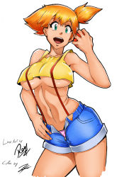 Rule 34 | 1girl, absurdres, bare arms, breasts, collarbone, colorized, creatures (company), game freak, green eyes, highres, medium breasts, midriff, misty (pokemon), navel, nintendo, open mouth, orange hair, panties, poke ball, pokemon, pokemon (anime), pokemon (classic anime), reiq, short hair, short ponytail, short shorts, shorts, side ponytail, simple background, solo, standing, suspender shorts, suspenders, underboob, underwear, white background