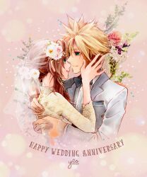 Rule 34 | 1boy, 1girl, absurdres, aerith gainsborough, anniversary, aqua eyes, artist name, blonde hair, bow, bowtie, braid, braided ponytail, bridal veil, bride, brown hair, closed mouth, cloud strife, collared shirt, couple, dress, final fantasy, final fantasy vii, floral background, flower, green eyes, grey jacket, groom, hair between eyes, hair flower, hair ornament, hand in another&#039;s hair, hetero, highres, hug, husband and wife, jacket, long sleeves, official alternate costume, parted bangs, pink lips, pocket square, shirt, short hair, sidelocks, single braid, smile, spiked hair, suit jacket, tuxedo, upper body, veil, wavy hair, wedding, wedding dress, white dress, white shirt, yco 030601
