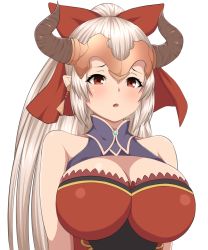 Rule 34 | 10s, 1girl, aliza (granblue fantasy), bad id, bad pixiv id, bare arms, bare shoulders, blush, bow, breasts, cleavage, draph, earrings, granblue fantasy, hair bow, headpiece, horns, impossible clothes, jewelry, large breasts, long hair, looking at viewer, nanashi maru, parted lips, pointy ears, ponytail, red bow, red eyes, silver hair, solo, upper body