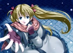 Rule 34 | 1girl, alternate hairstyle, blue eyes, bow, brown hair, fingerless gloves, gloves, hair bow, long coat, long hair, looking at viewer, neon genesis evangelion, outstretched hand, scarf, skirt, snowing, solo, souryuu asuka langley, suzuno kouya, twintails, winter clothes