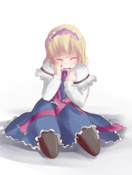 Rule 34 | 1girl, alice margatroid, blonde hair, blush, closed eyes, crying, female focus, full body, gradient background, hair ornament, hairband, highres, murasin, open mouth, pantyhose, saliva, short hair, solo, tears, touhou, white background