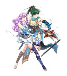 Rule 34 | 2girls, bare shoulders, blue thighhighs, breasts, cleavage, clenched teeth, elbow gloves, female focus, fingerless gloves, fire emblem, fire emblem: the blazing blade, fire emblem heroes, florina (fire emblem), full body, gloves, green eyes, green hair, highres, holding, holding weapon, japanese clothes, leg up, long hair, looking away, lyn (fire emblem), matching hair/eyes, medium breasts, multiple girls, ninja, nintendo, official art, open mouth, parted lips, pelvic curtain, ponytail, purple hair, sandals, scarf, sheath, sheathed, shuriken, sleeveless, sword, teeth, thighhighs, toeless legwear, toes, torn clothes, transparent background, very long hair, weapon, yamada koutarou, zettai ryouiki