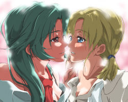 Rule 34 | 2girls, bare shoulders, blonde hair, blue eyes, breasts, cleavage, collarbone, couple, eye contact, face-to-face, female focus, green hair, grin, hair tie, holding another&#039;s wrist, imminent kiss, long hair, looking at another, low twintails, multiple girls, neck, necktie, off shoulder, parted lips, red eyes, short hair, short twintails, smile, teeth, twintails, undressing, yomi (indigoriver), yuri