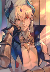 Rule 34 | 1boy, bare pectorals, blonde hair, earrings, fate/grand order, fate (series), gauntlets, gilgamesh, gilgamesh (caster) (fate), gilgamesh (fate), hand on own face, horns, hungry clicker, jewelry, pectorals, red eyes, short hair, sitting, smile, solo, turban, vest