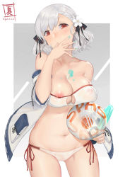 Rule 34 | 1girl, absurdres, aqua nails, ball, bare shoulders, beachball, bikini, black ribbon, blush, braid, breasts, character name, cleavage, collarbone, commentary request, contrapposto, cowboy shot, fingernails, flower, food, food on body, food on breasts, food on hand, french braid, girls&#039; frontline, gradient background, grey background, hair flower, hair ornament, hair ribbon, head tilt, highres, large breasts, long sleeves, looking at viewer, medium hair, nail polish, navel, nipple slip, nipples, off shoulder, official alternate costume, oka ball, open clothes, outside border, pocket, popsicle, red eyes, red ribbon, ribbon, see-through, side-tie bikini bottom, solo, spas-12 (girls&#039; frontline), spas-12 (midsummer fruit) (girls&#039; frontline), stomach, strapless, strapless bikini, swimsuit, white bikini, white flower