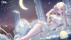 Rule 34 | 1girl, absurdres, architecture, azur lane, bikini, blonde hair, blue eyes, breasts, brest (azur lane), brest (marine muse) (azur lane), cleavage, column, commentary, crescent moon, english commentary, greco-roman architecture, hand in own hair, highres, large breasts, long hair, lying, manjuu (azur lane), milestone celebration, moon, night, night sky, official alternate costume, official art, on side, pillar, pointy ears, second-party source, showgirl skirt, skirt, sky, sseli, swimsuit, water, white bikini, white skirt