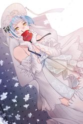 Rule 34 | 1girl, apple, bad id, bad pixiv id, bare shoulders, blue hair, character name, covering own mouth, dress, elbow gloves, feet out of frame, flower, food, fruit, girls&#039; frontline, gloves, hair flower, hair ornament, head wreath, highres, holding, holding food, holding fruit, jewelry, looking at viewer, official alternate costume, rabb horn, ring, short hair, simple background, solo, standing, thighhighs, wedding band, wedding dress, wedding ring, white dress, white gloves, white thighhighs, yellow eyes, zas m21 (affections behind the bouquet) (girls&#039; frontline), zas m21 (girls&#039; frontline)
