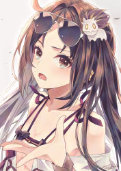 Rule 34 | 1girl, bare shoulders, bikini, blush, breasts, brown eyes, brown hair, cleavage, collarbone, earrings, eyewear on head, fate/grand order, fate (series), hachimitsu monte, hair ornament, highres, jewelry, long hair, looking at viewer, medium breasts, multiple earrings, open clothes, open mouth, robe, simple background, sunglasses, swimsuit, twintails, very long hair, white background, white bikini, yu mei-ren (fate), yu mei-ren (swimsuit lancer) (fate)