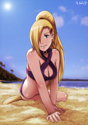 Rule 34 | 1girl, beach, blonde hair, breasts, cleavage, green eyes, hair ornament, hair over one eye, hairclip, halterneck, long hair, looking at viewer, naruto (series), naruto shippuuden, ponytail, sbel02, signature, smile, solo, swimsuit, yamanaka ino
