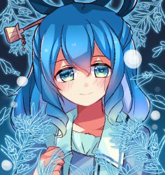 Rule 34 | 1girl, blue background, blue dress, blue eyes, blue hair, blue sleeves, blush, closed mouth, collar, collared vest, dress, gradient background, hair between eyes, hair ornament, hand up, highres, kaku seiga, leaf, looking at viewer, meimei (meimei89008309), open clothes, open vest, puffy short sleeves, puffy sleeves, short hair, short sleeves, smile, solo, touhou, upper body, vest, white vest